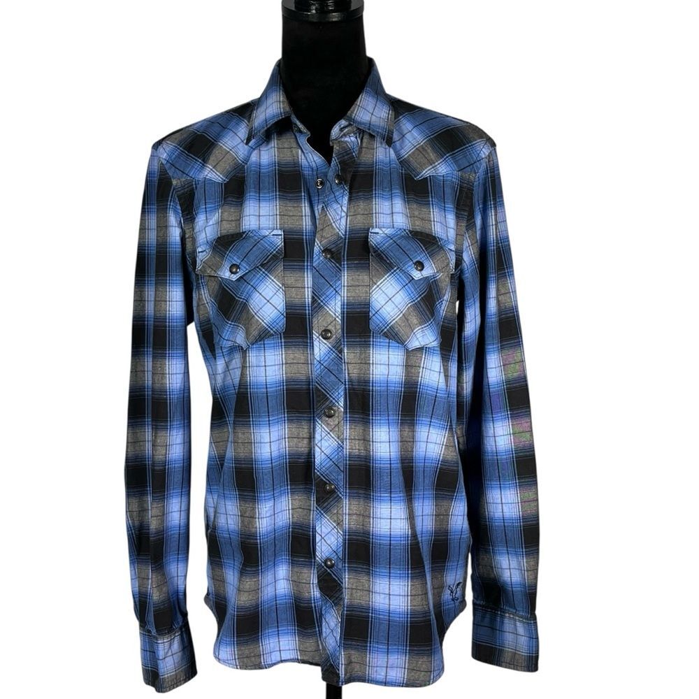 American Eagle Blue Plaid Western Shirt Snap Front Black Cowboy Top Vintage
